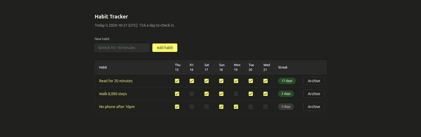 Habit Tracker: a week of check-ins and a streak per habit