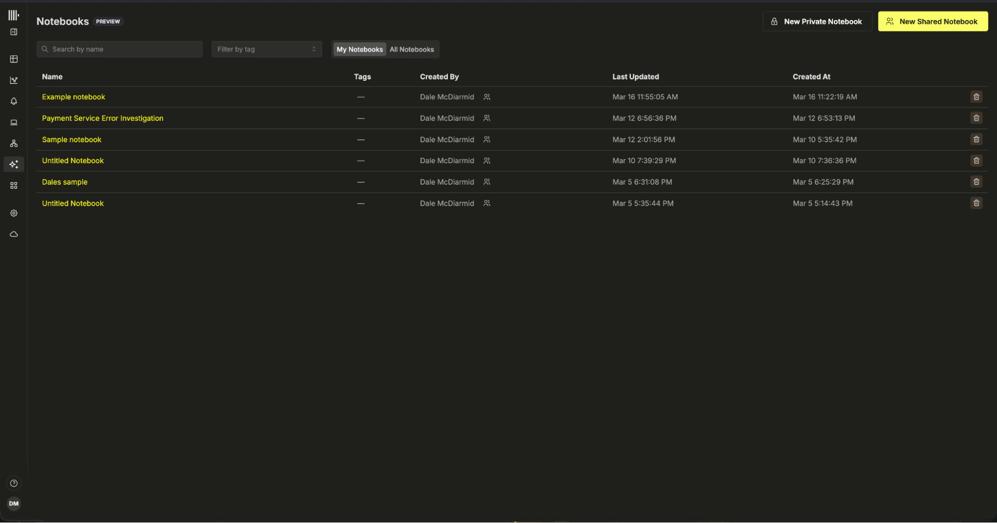 The Notebooks list view in ClickStack showing private and shared notebooks with name, tags, owner, and timestamps