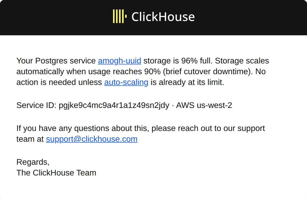 Storage warning notification email showing 96% storage usage