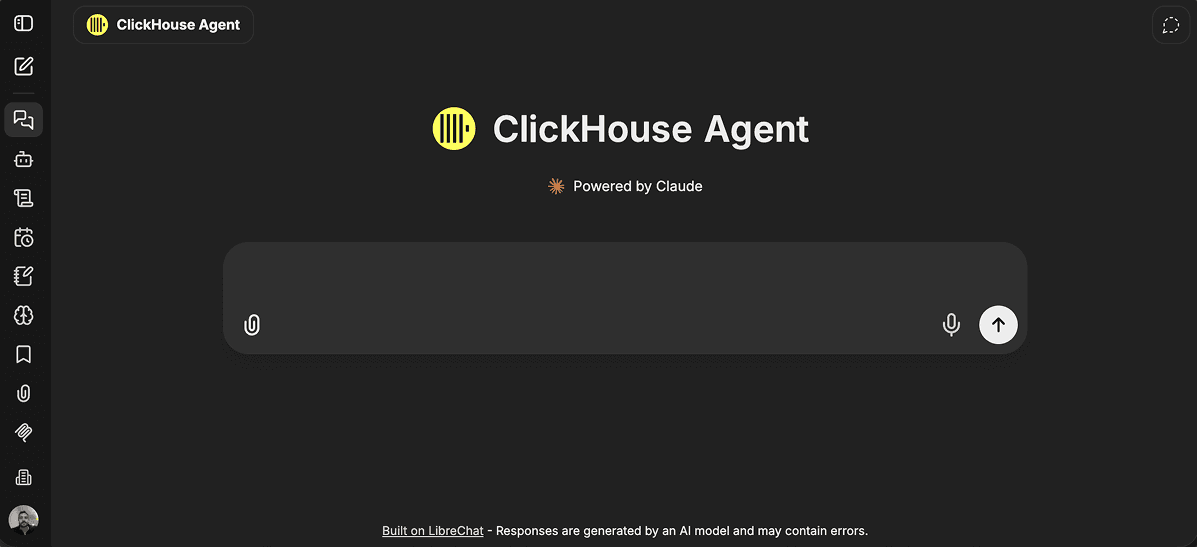 ClickHouse Agent, powered by Claude — an empty chat composer