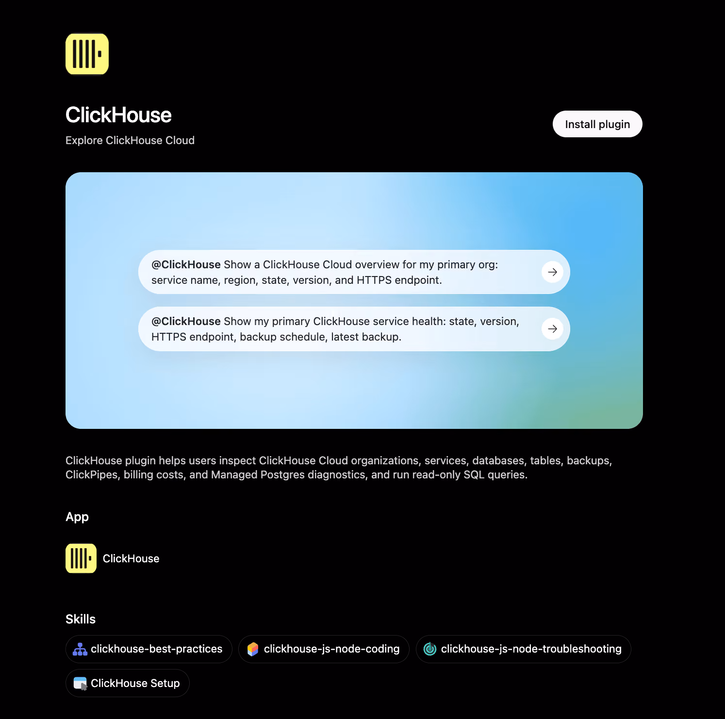 The ClickHouse plugin listing in the ChatGPT plugin directory, with the Install plugin button
