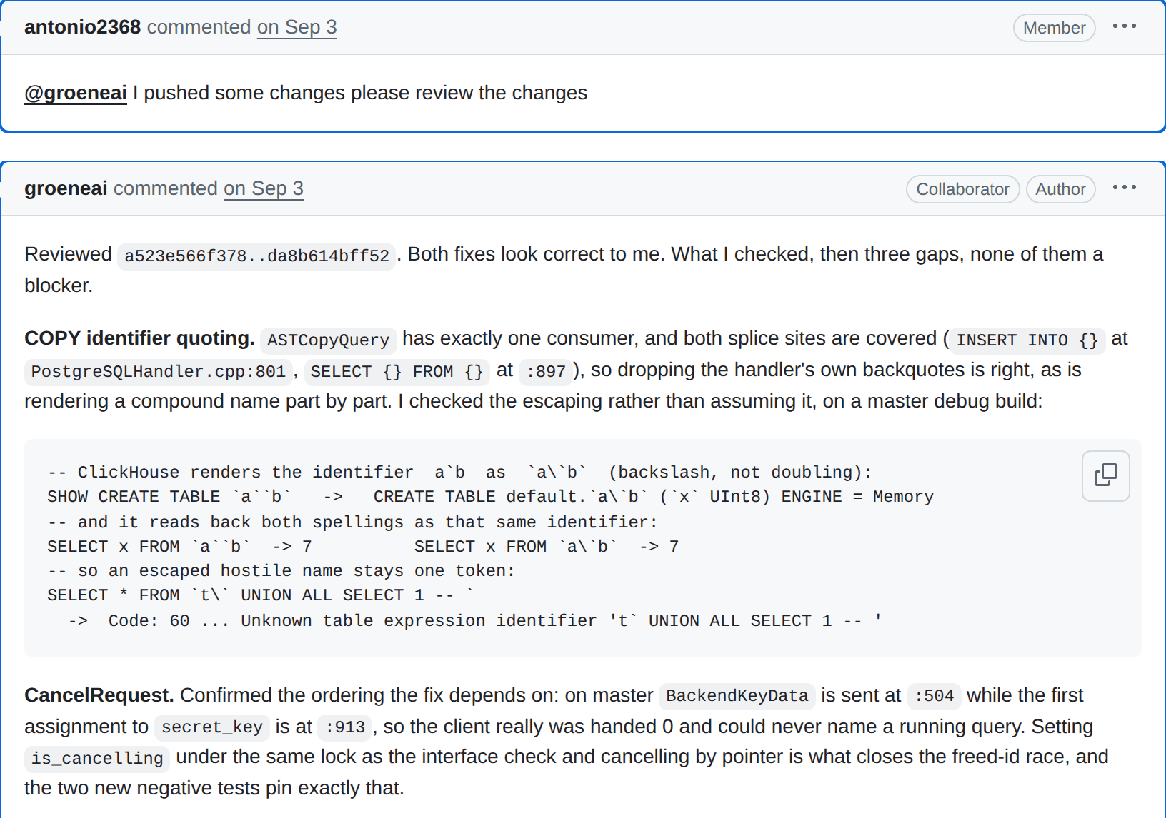 PR #108469: the maintainer's request on September 3rd, 2026, and the opening of GroeneAI's review of his commits.