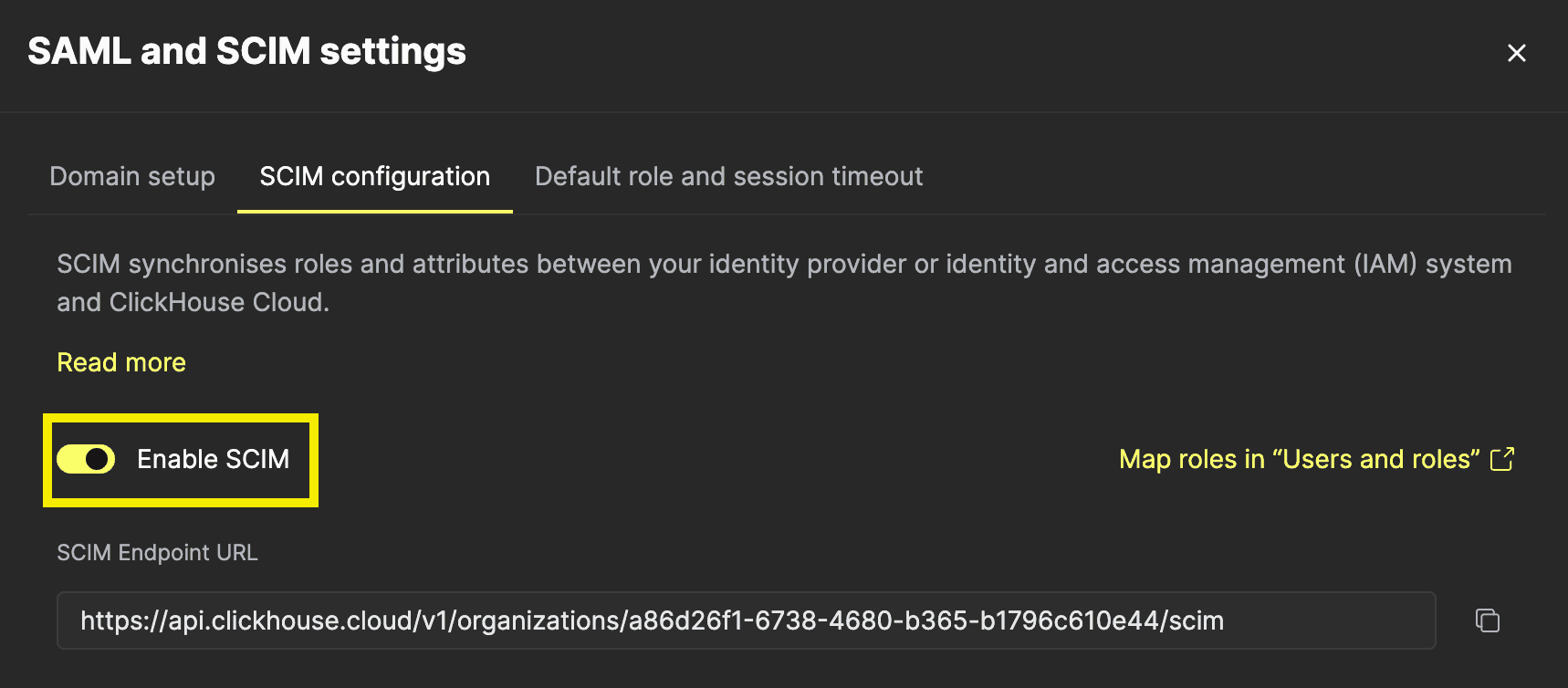 The SCIM endpoint URL and API keys panel