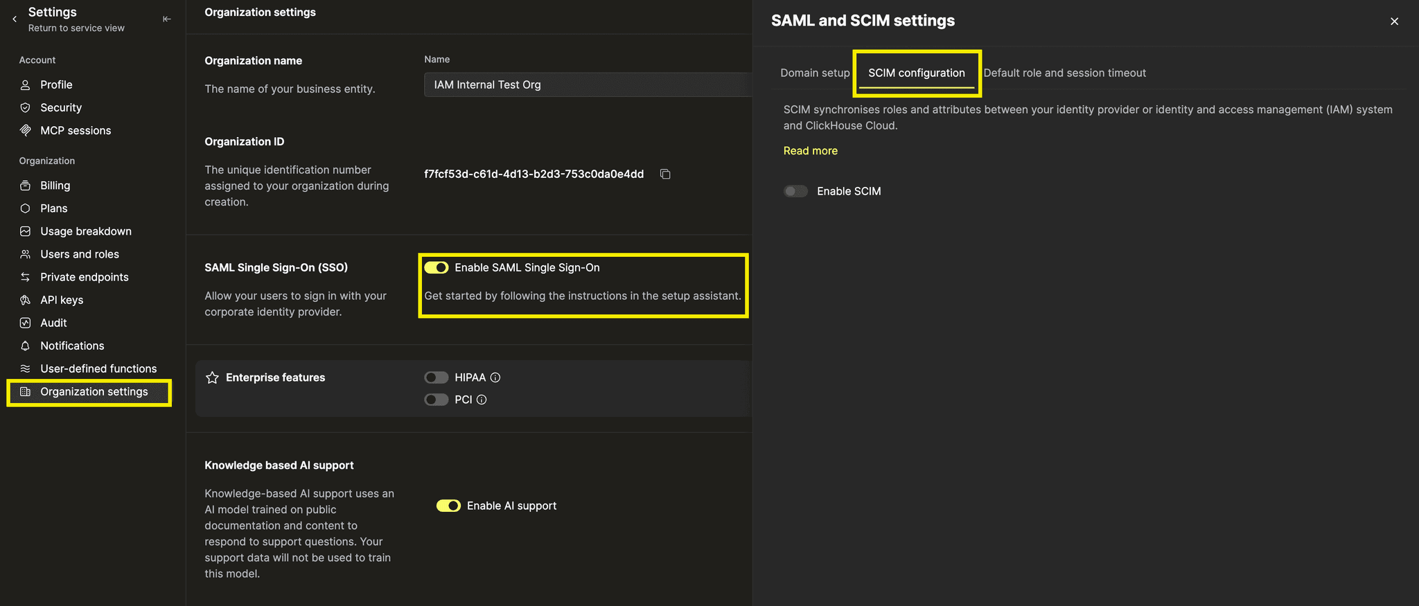 The SAML and SCIM settings page in ClickHouse Cloud