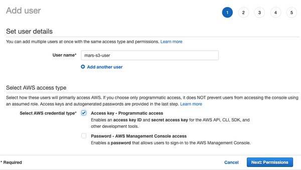 Setting user name and access type for IAM user