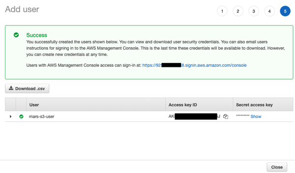 Viewing and copying the IAM user access keys