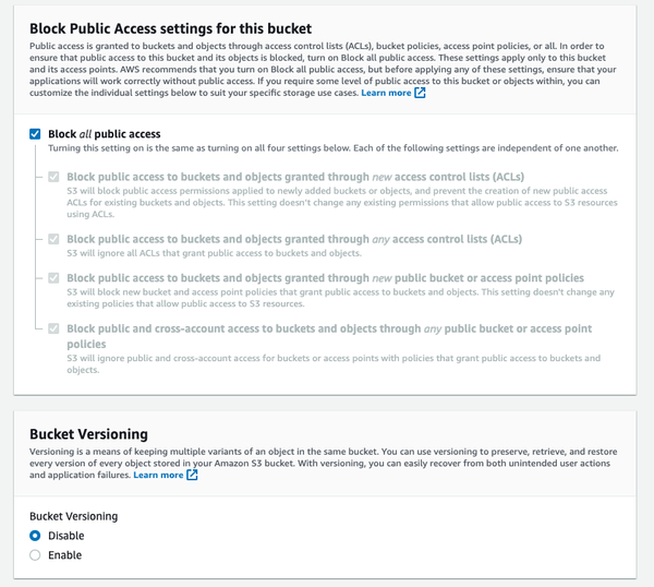 Configuring the S3 bucket settings with public access blocked