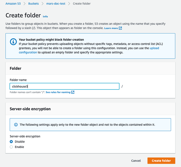 Setting the folder name for ClickHouse S3 disk usage