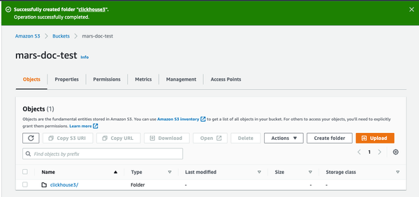 Viewing the newly created folder in the S3 bucket