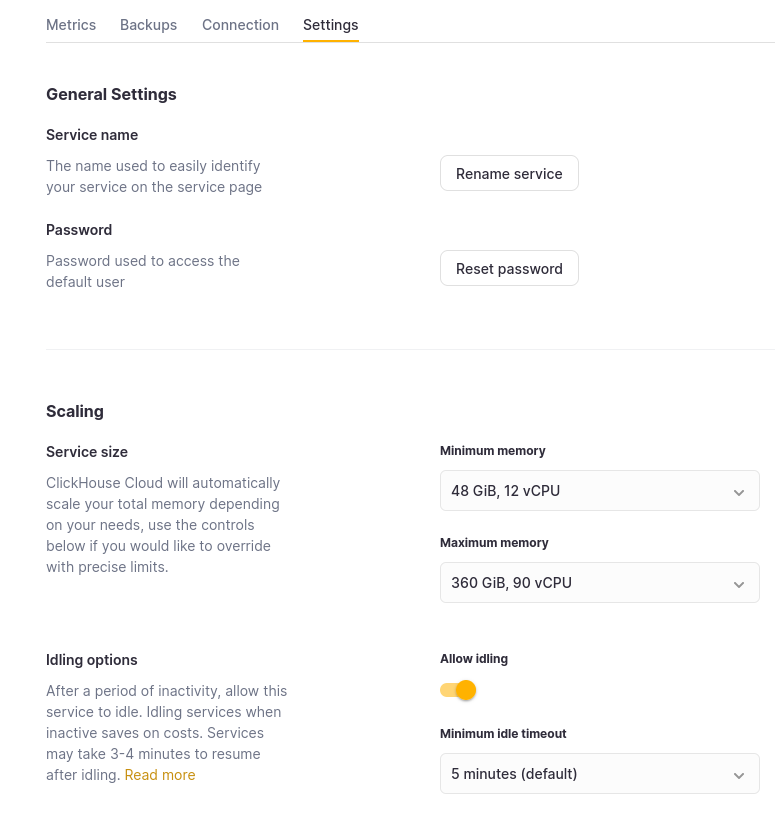 Scaling settings page