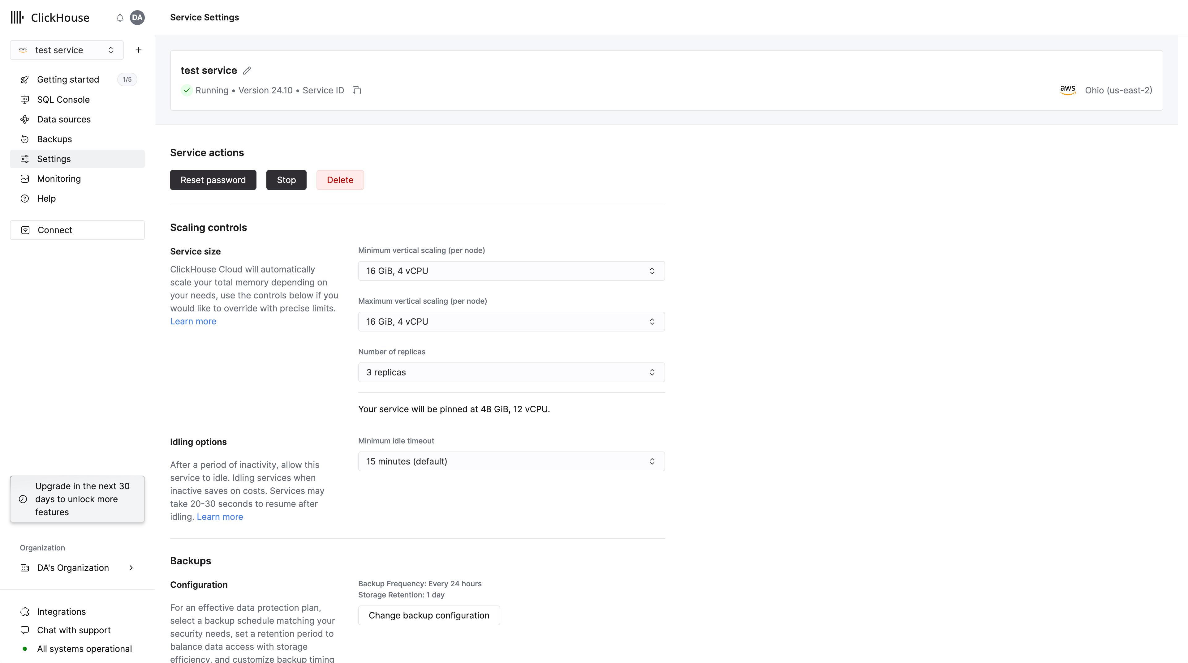 Scaling settings page