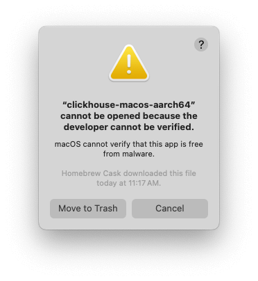 MacOS showing a developer verification error.