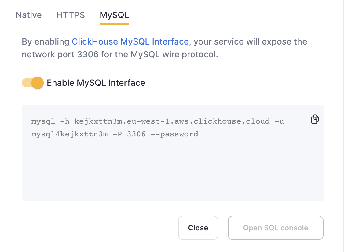 Credentials screen - Enabled MySQL