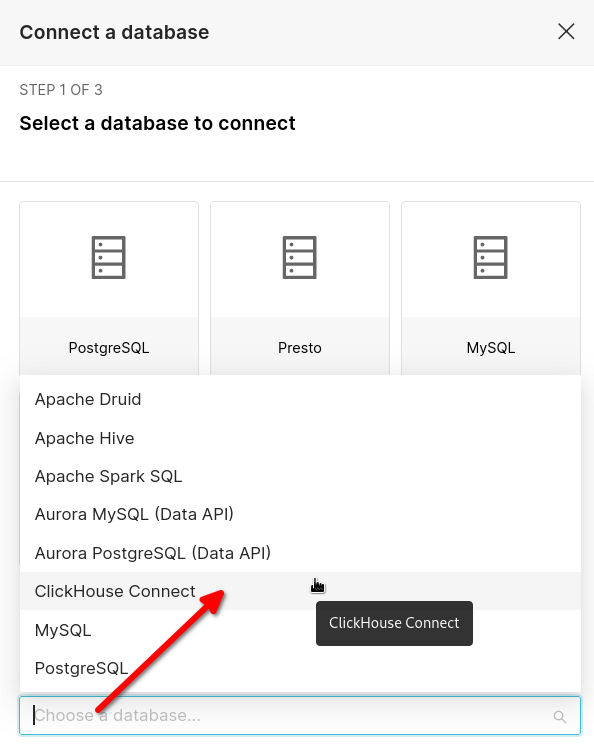 Choose clickhouse connect as database type