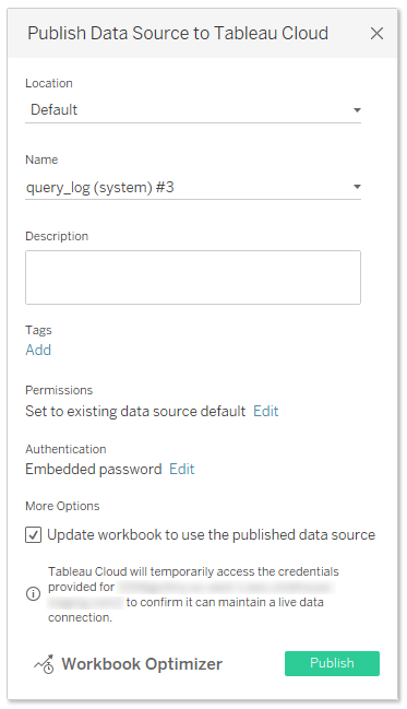 Data source publishing settings - updating the workbook for online usage