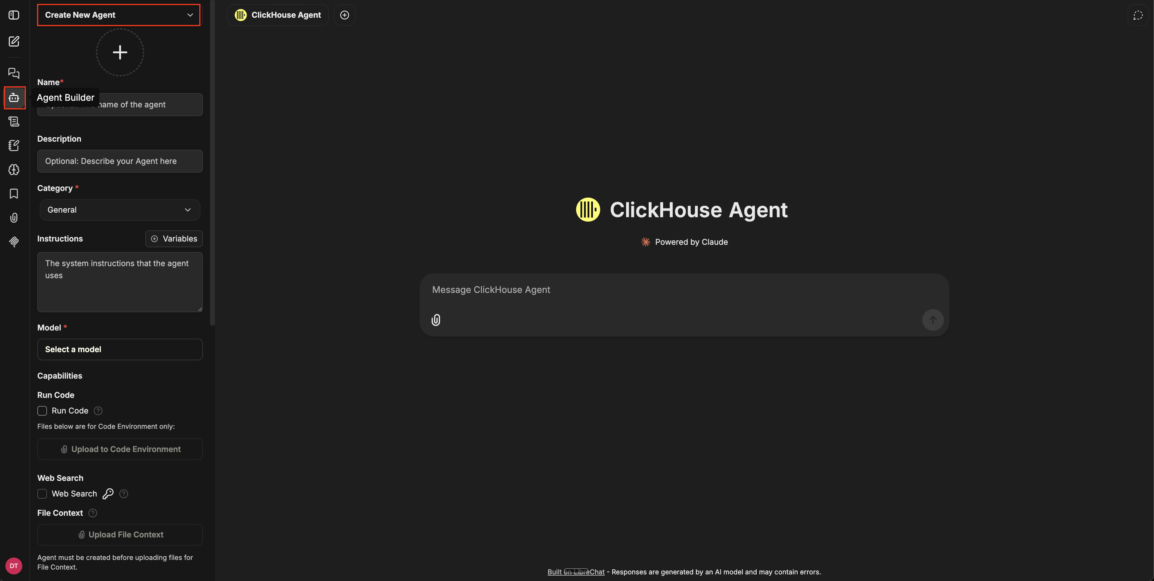 Create New Agent ドロップダウン、フォームフィールド(Name、Description、Category、Instructions、Model)、および Capabilities セクションが表示されたエージェントビルダーパネル