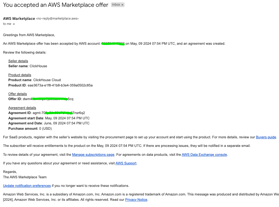 AWS Marketplace 確認メール