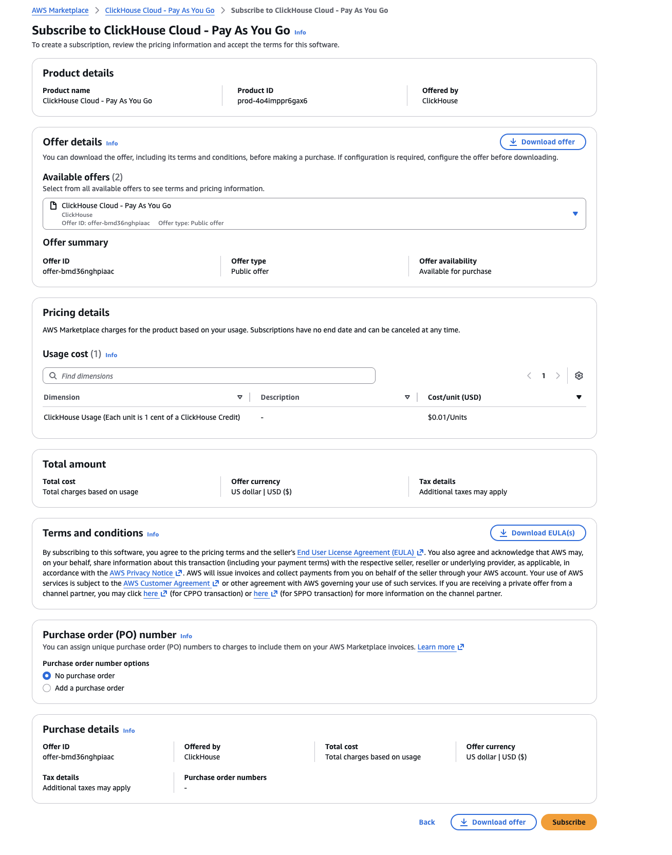 AWS Marketplace でのサブスクライブ画面
