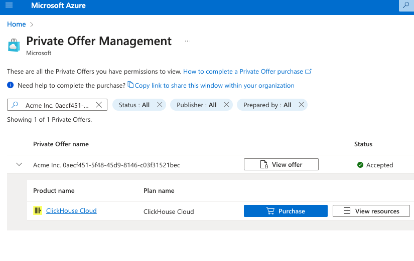 Azure Marketplace プライベートオファー管理ページの購入が可能