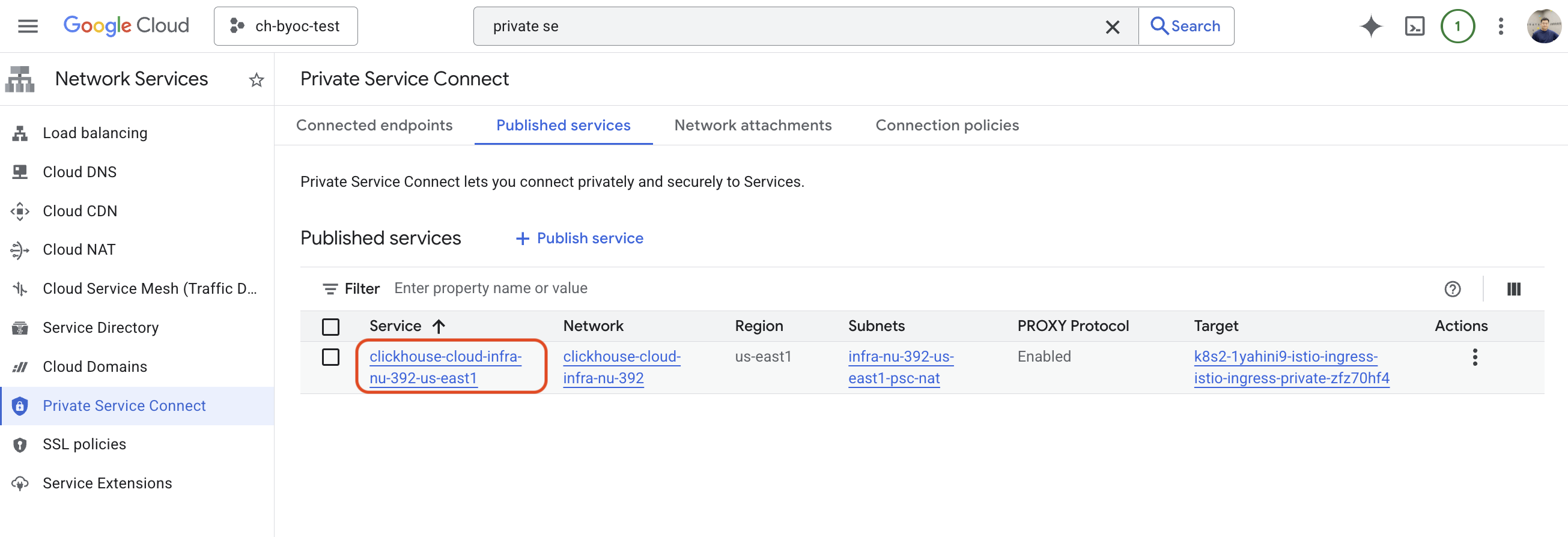 BYOC PSC エンドポイント
