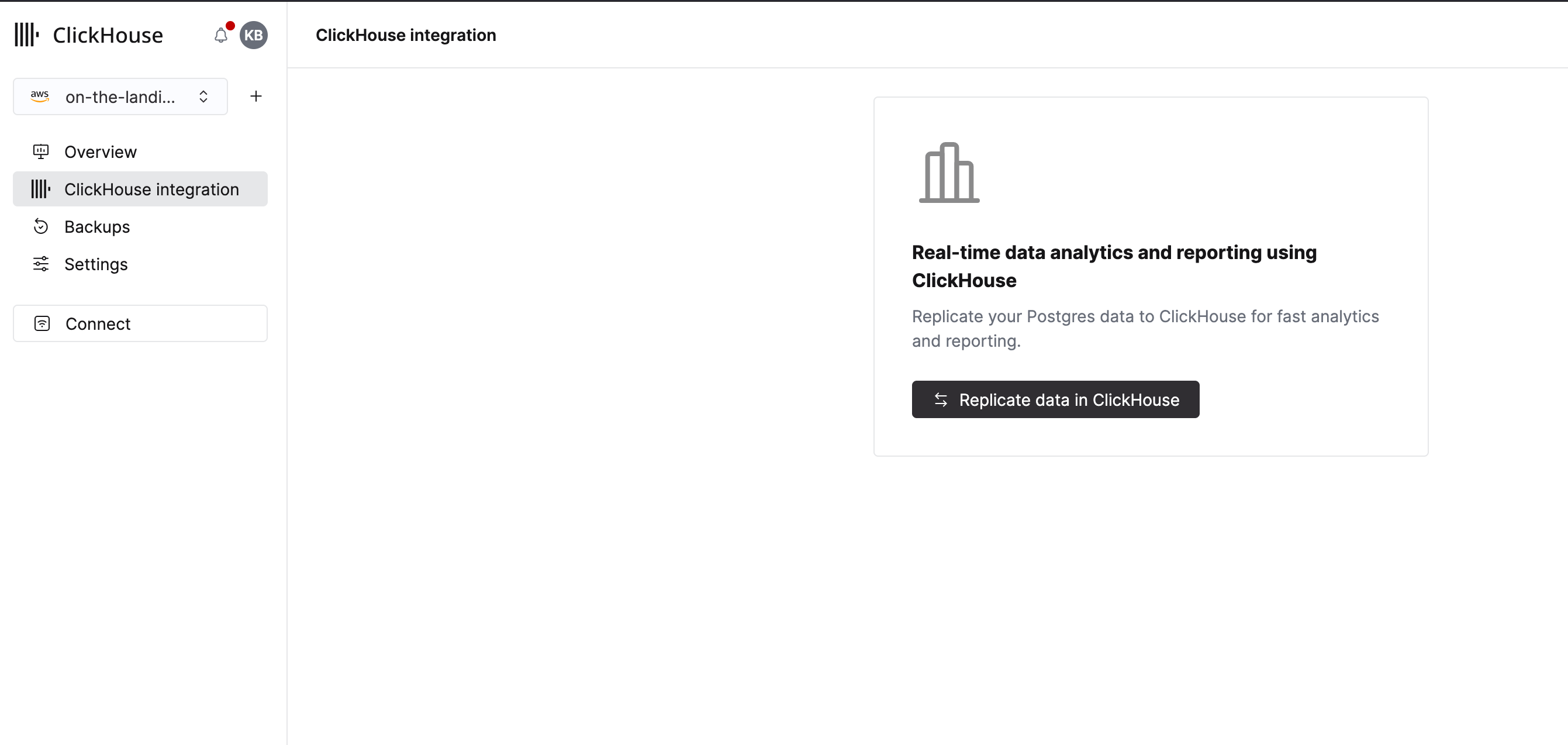 サイドバーに統合オプションが表示されている ClickHouse インテグレーションのランディングページ
