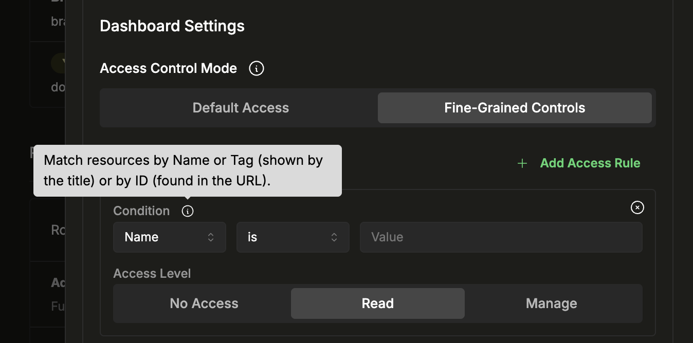 条件ツールチップ: Name または Tag（タイトルに表示）または ID（URL で確認）でリソースを判定