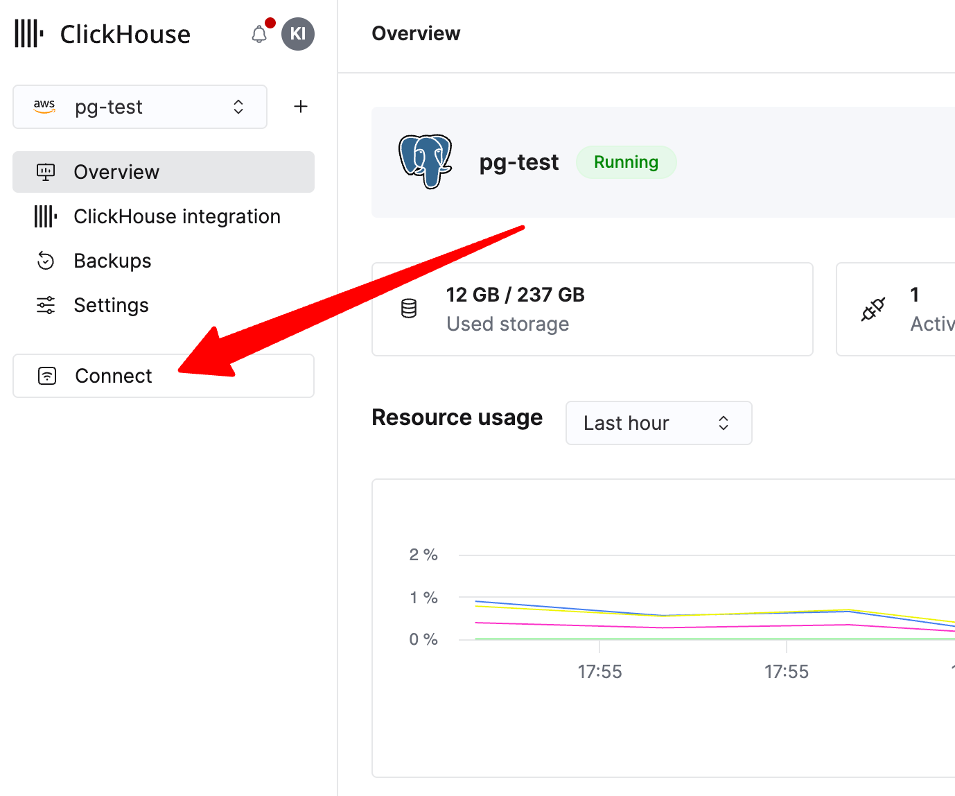 左サイドバーの Connect をクリックして接続情報を表示