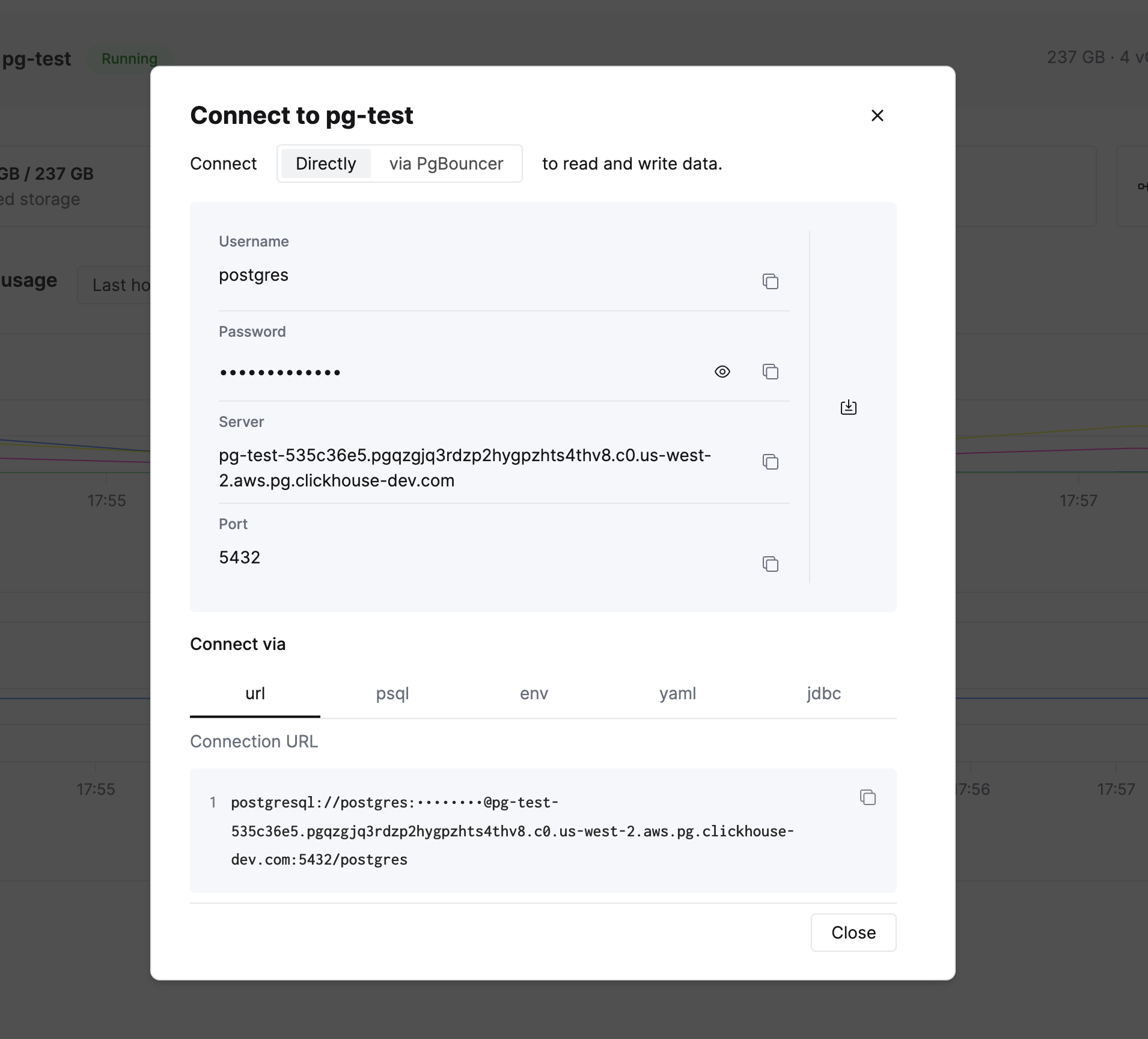 認証情報と接続文字列形式を表示する接続モーダル