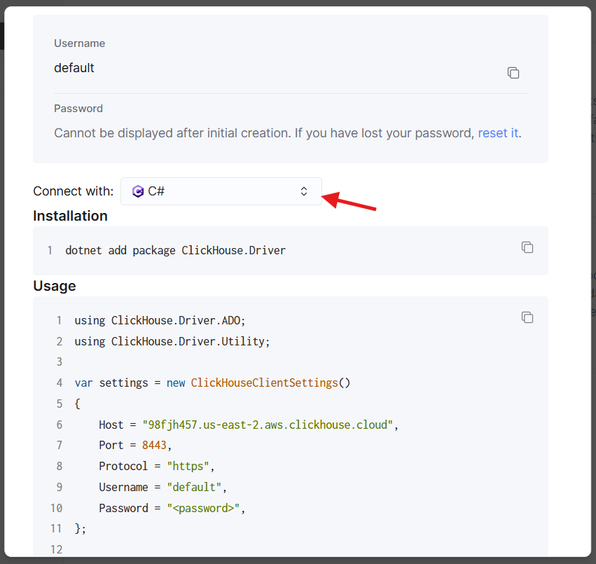 ClickHouse Cloud の C# 接続情報