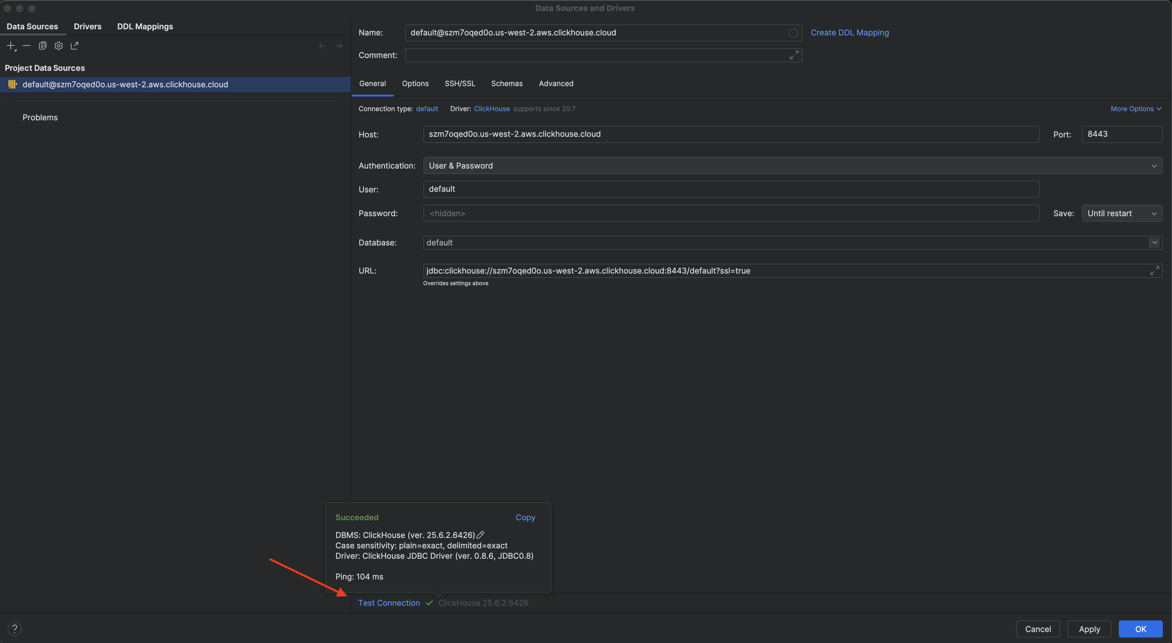 ClickHouse の設定が入力された DataGrip の接続詳細フォーム