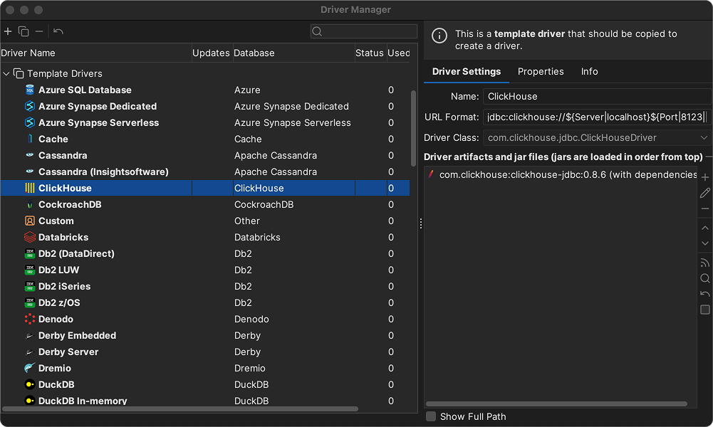 ClickHouse JDBCドライバの設定を表示するDbVisualizerドライバマネージャインターフェース