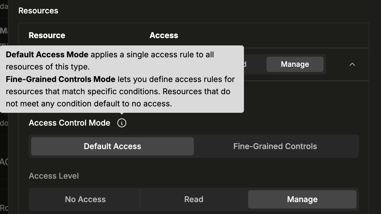 ロールエディタでの Default Access と Fine-Grained Controls モード