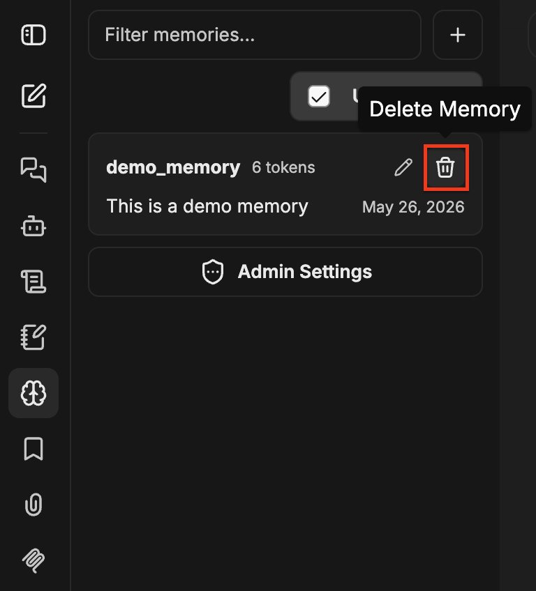Delete Memory のごみ箱アイコンが強調表示されたメモリエントリ