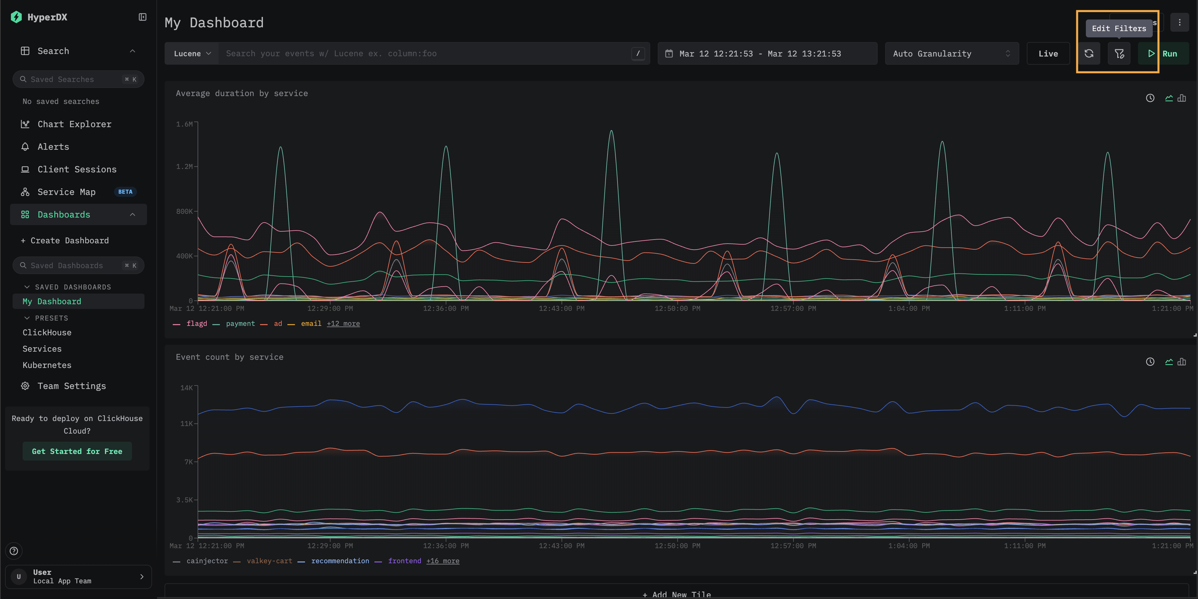 ダッシュボードのツールバーにある Edit Filters ボタン