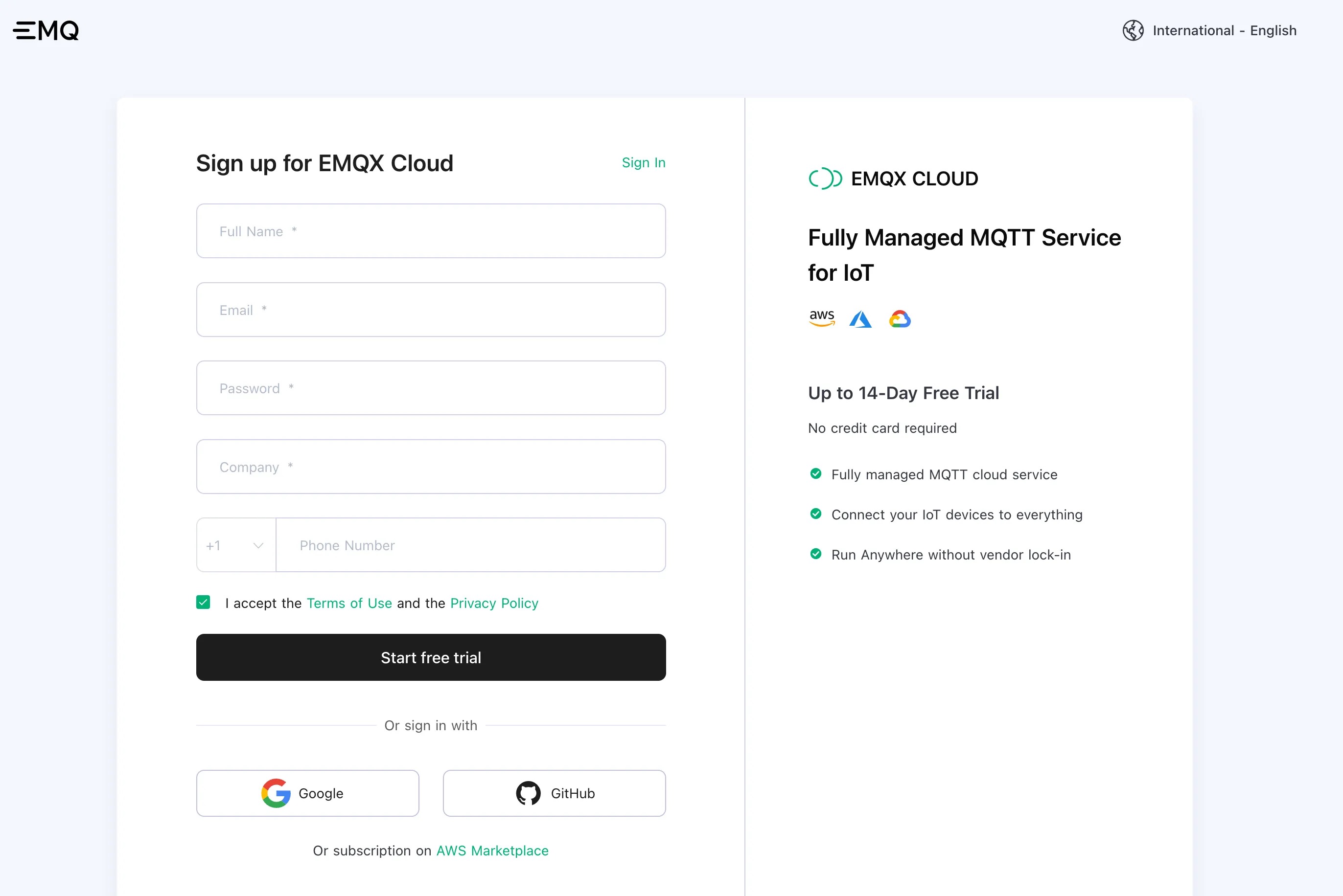 EMQX Cloudサインアップページ