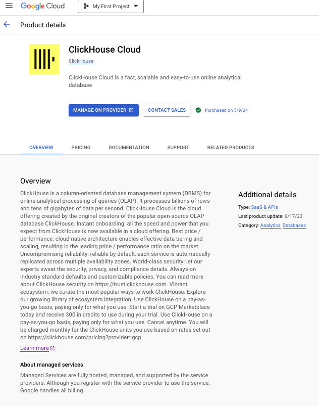 GCP Marketplace ClickHouse Cloudページ