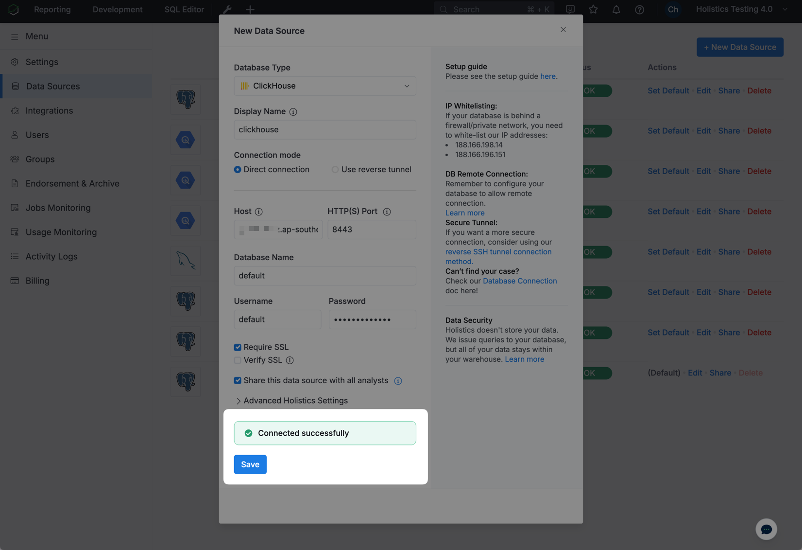 Holistics で ClickHouse への接続テストが成功した画面