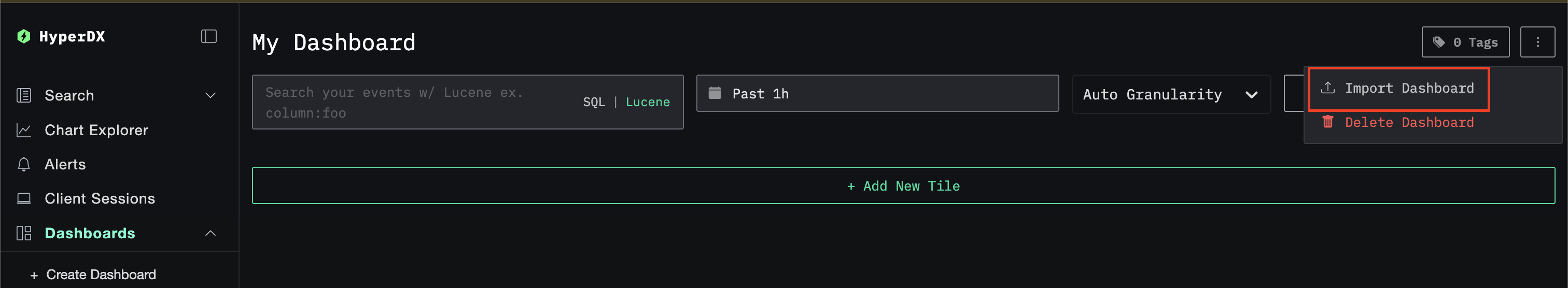ダッシュボードをインポートするボタン