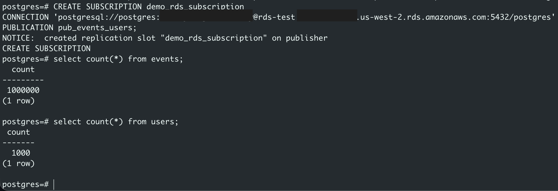 論理レプリケーション後の移行結果