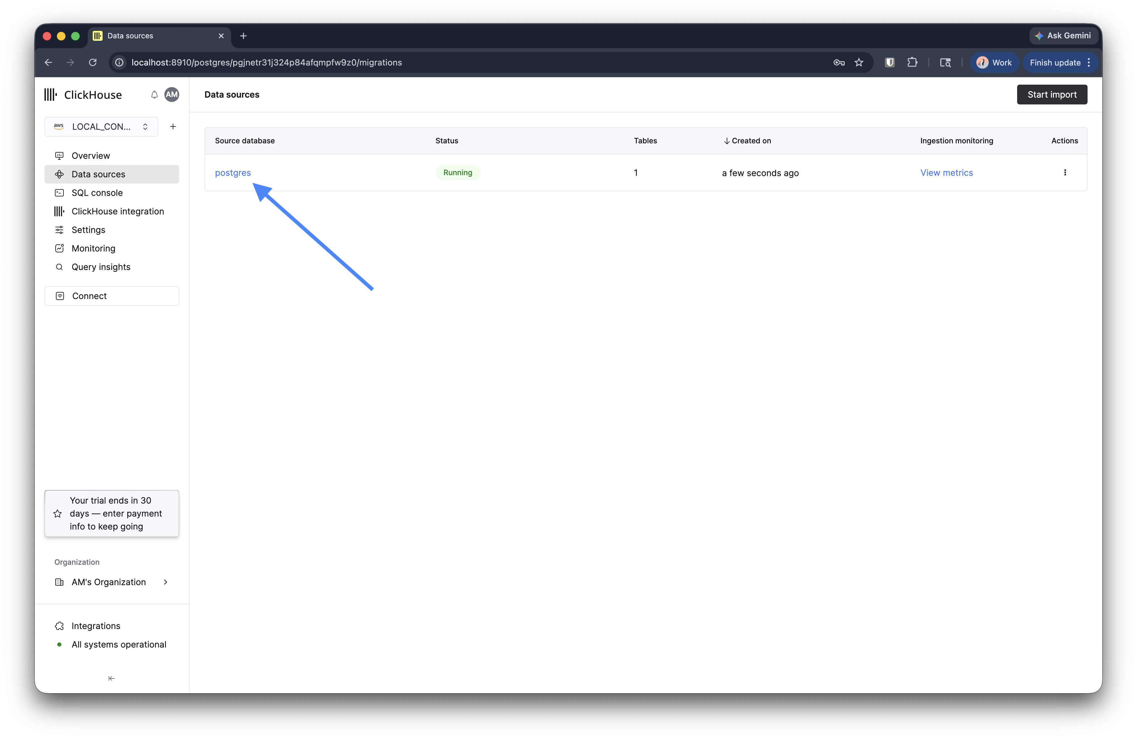 実行中の移行が表示された Data sources の一覧