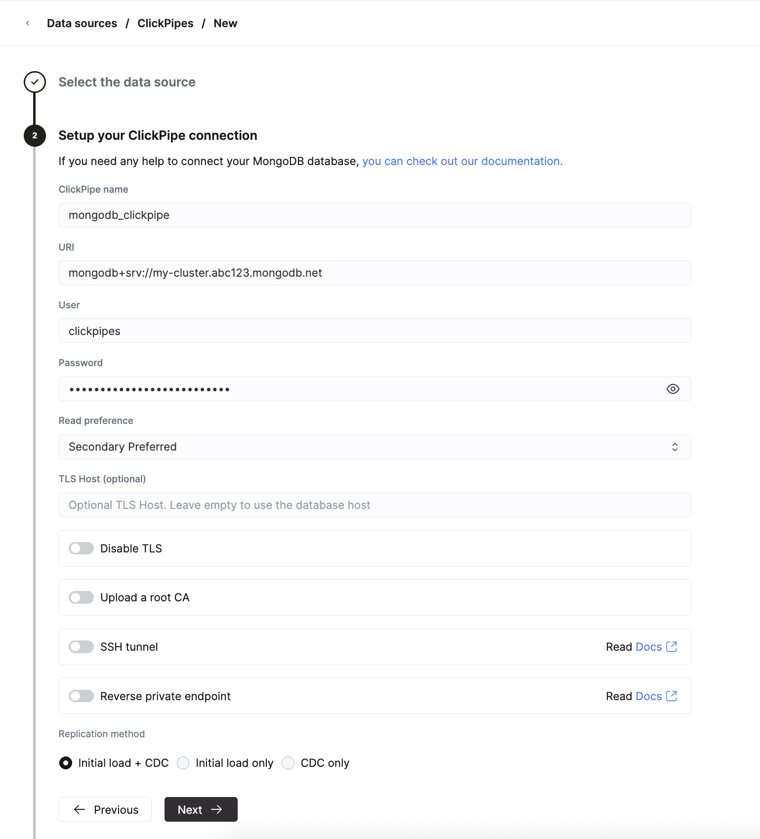 接続情報を入力