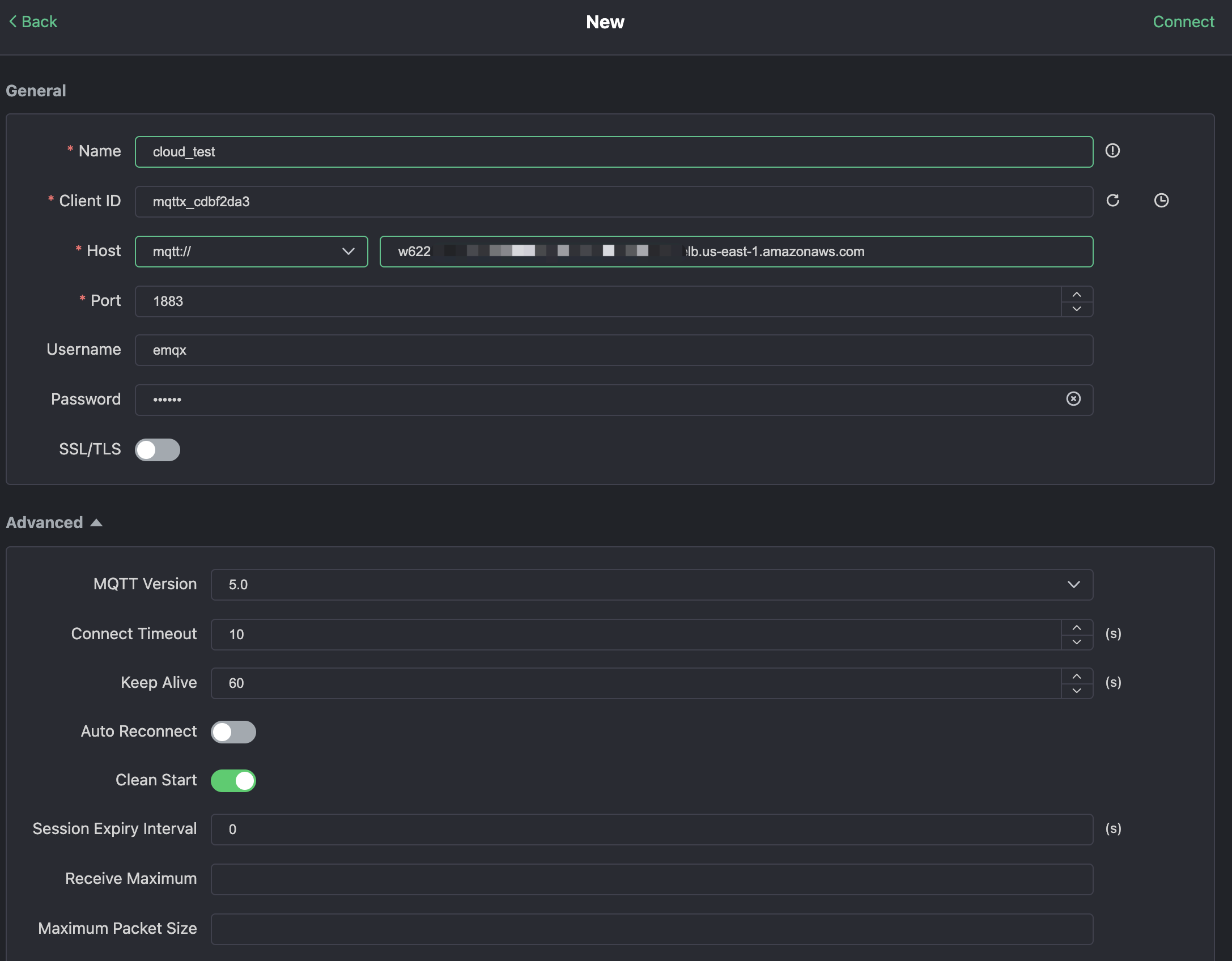 MQTTX 新しい接続設定