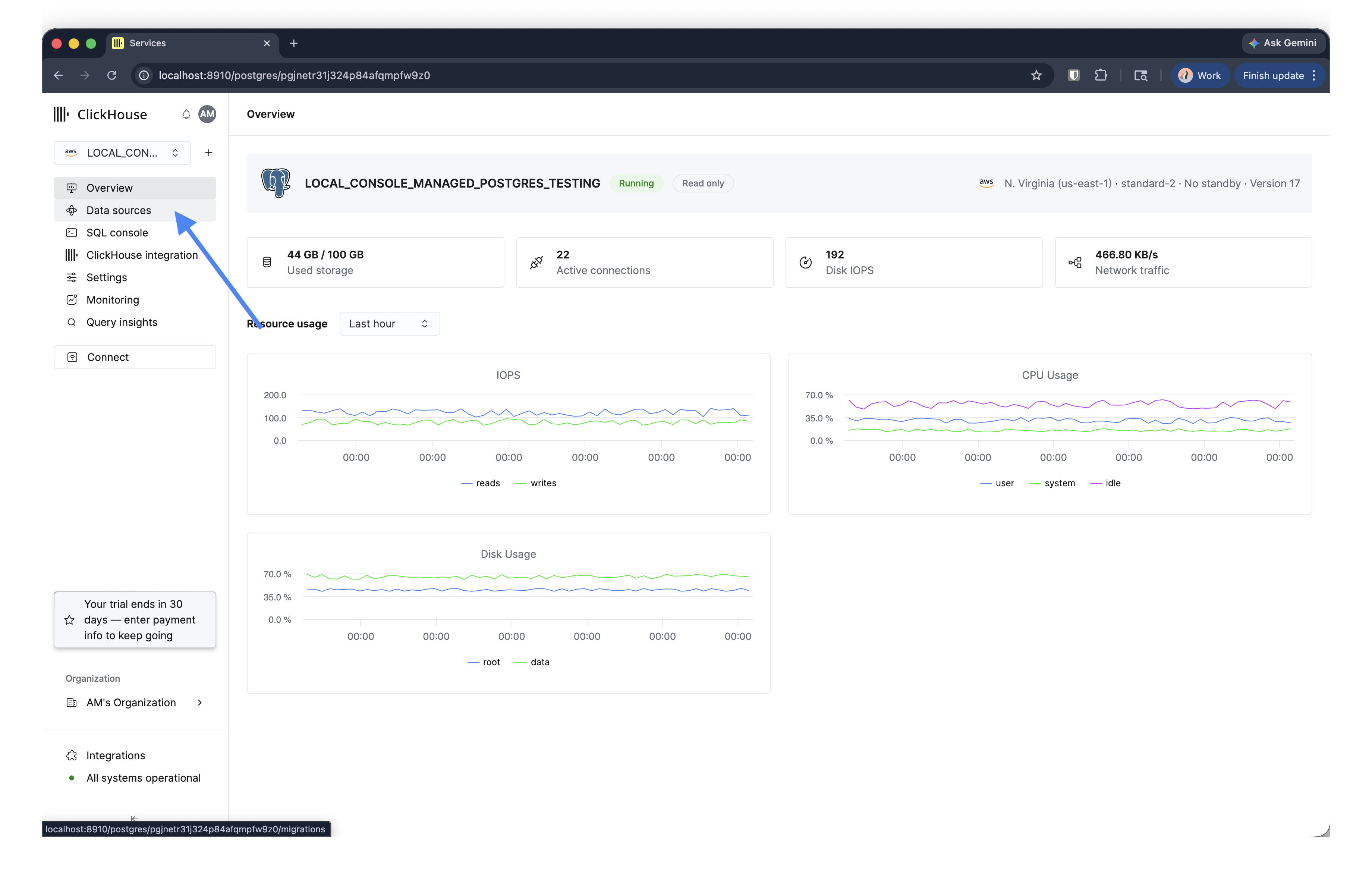 Managed Postgres サービスのサイドバーにある Data sources 項目