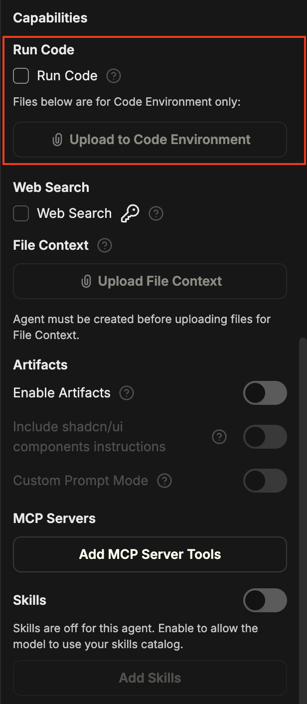 Run Code チェックボックスが有効になり、Upload to Code Environment ボタンが表示された Capabilities パネルの Run Code セクション