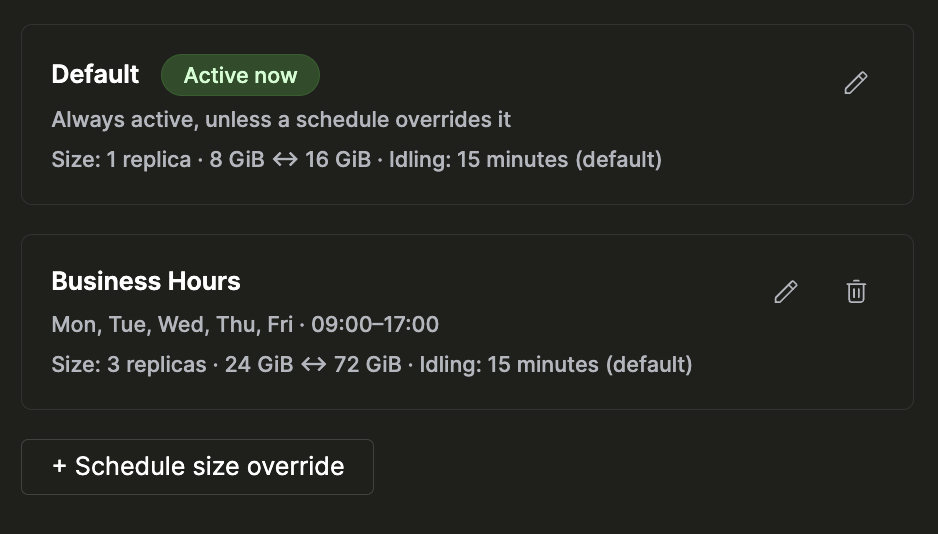 ClickHouse Cloud コンソールでスケジュールされたスケーリングルールを設定する画面