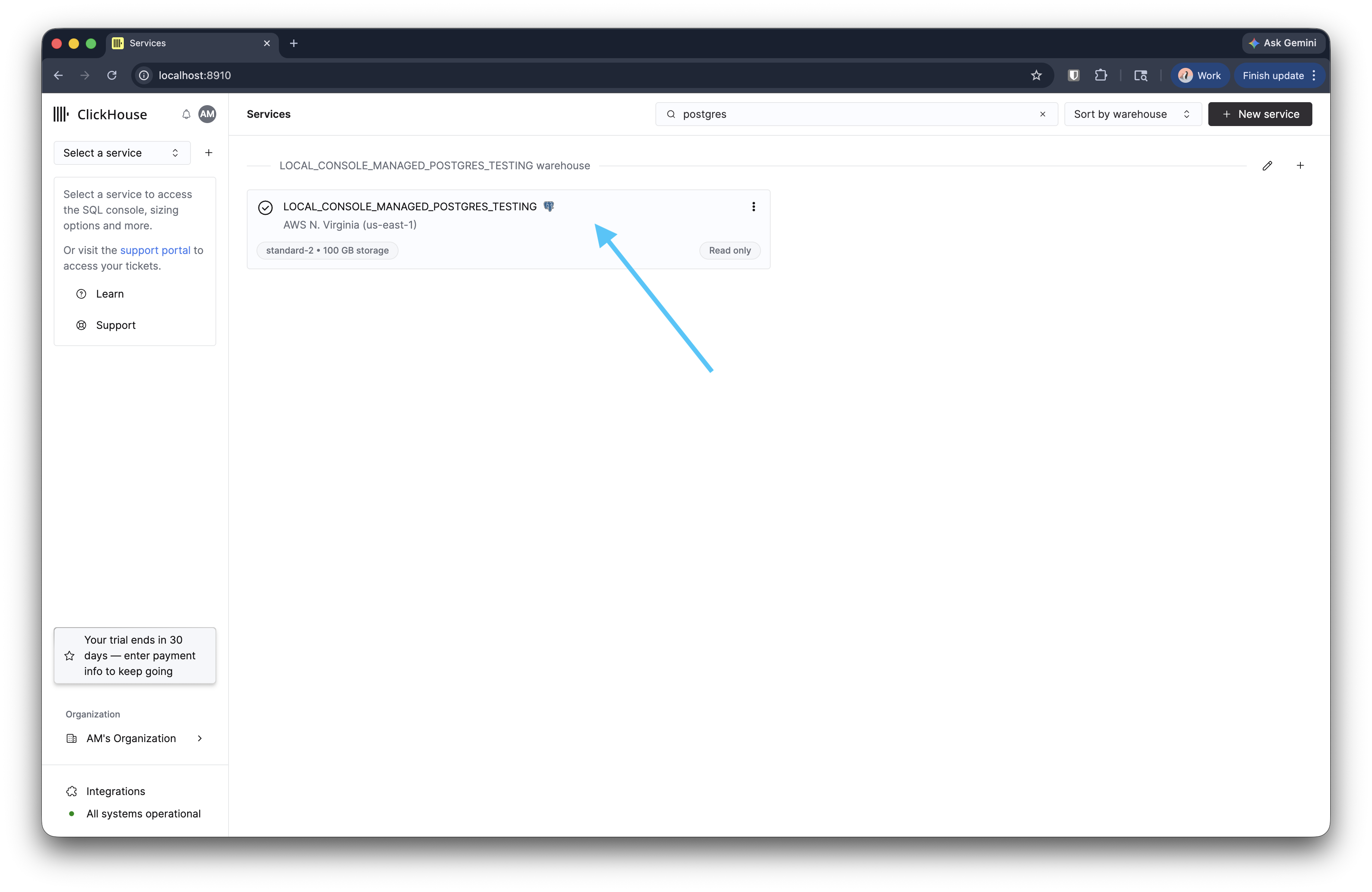 ClickHouse Cloud のサービス一覧にある Managed Postgres サービスカード