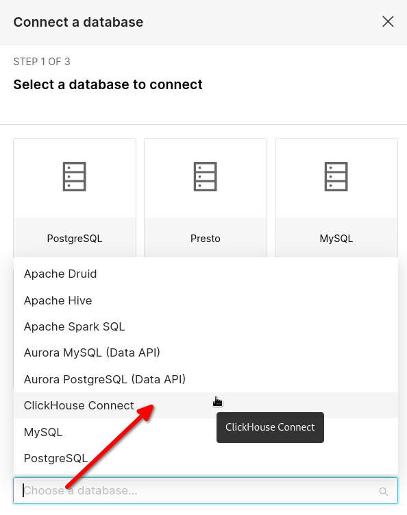 データベースタイプとしてClickHouse Connectを選択