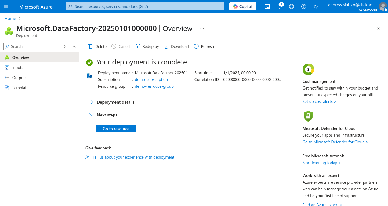 Azure Portal 새 Data Factory 생��성 성공