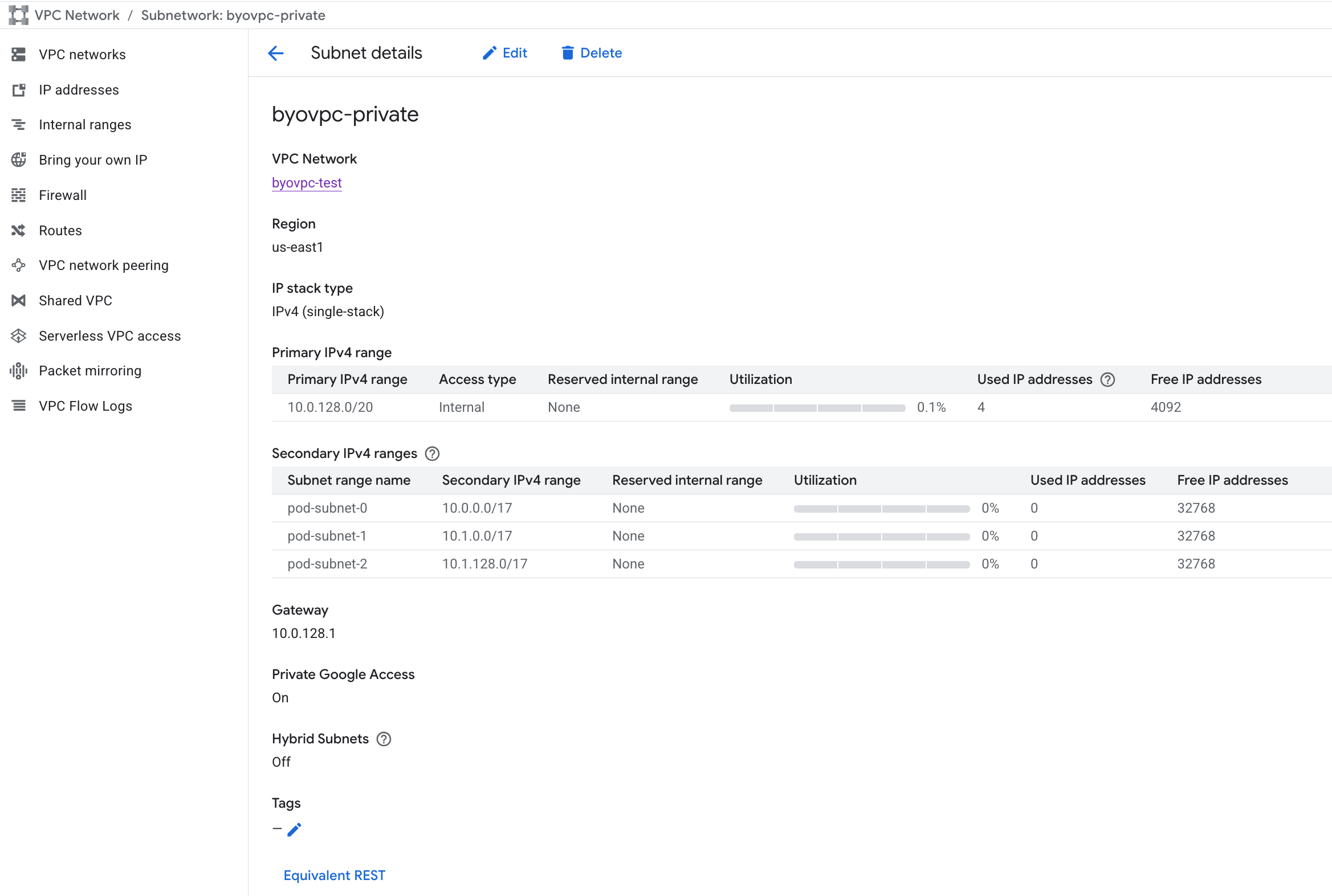 Private Google Access가 활성화된 기본 및 보조 IPv4 범위를 보여주는 BYOC GCP 서브넷 세부 정보
