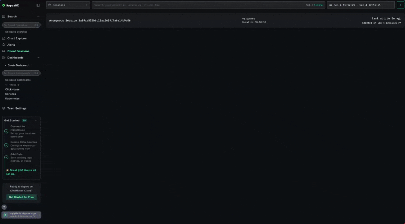 ClickStack에서 세션 리플레이에서 백엔드 트레이스로 탐색하는 화면